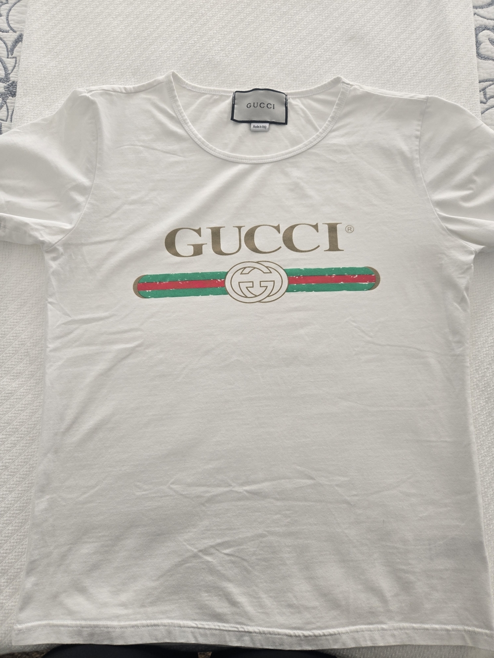 Gucci White Logo Tee with Green & Red Stripe - Picture 2 of 6